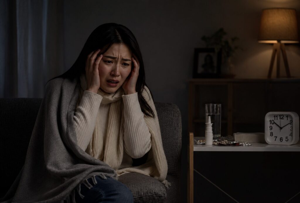パニックになる女性　頭を抱える　暗い部屋　困っている様子