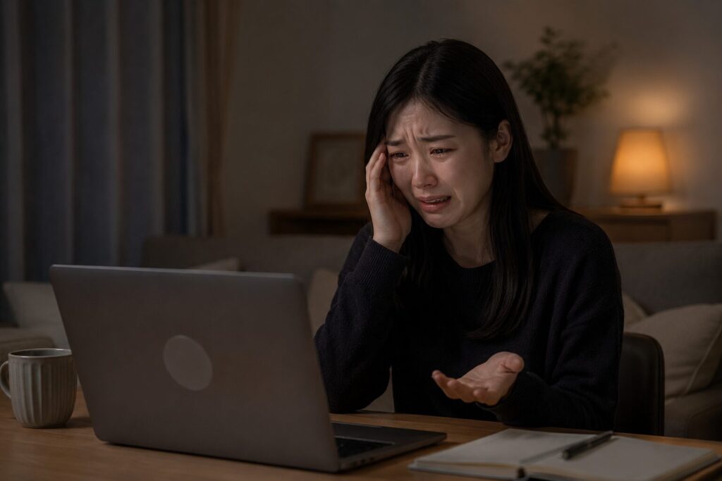 パソコンを見ながら会話する女性　泣いている